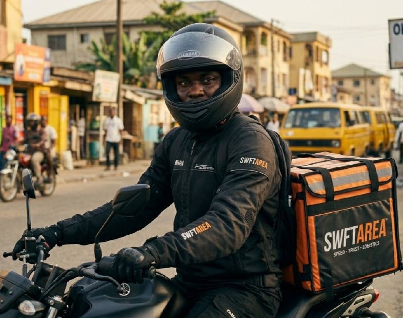 SWFTAREA verified rider in branded orange hi-vis jacket and helmet